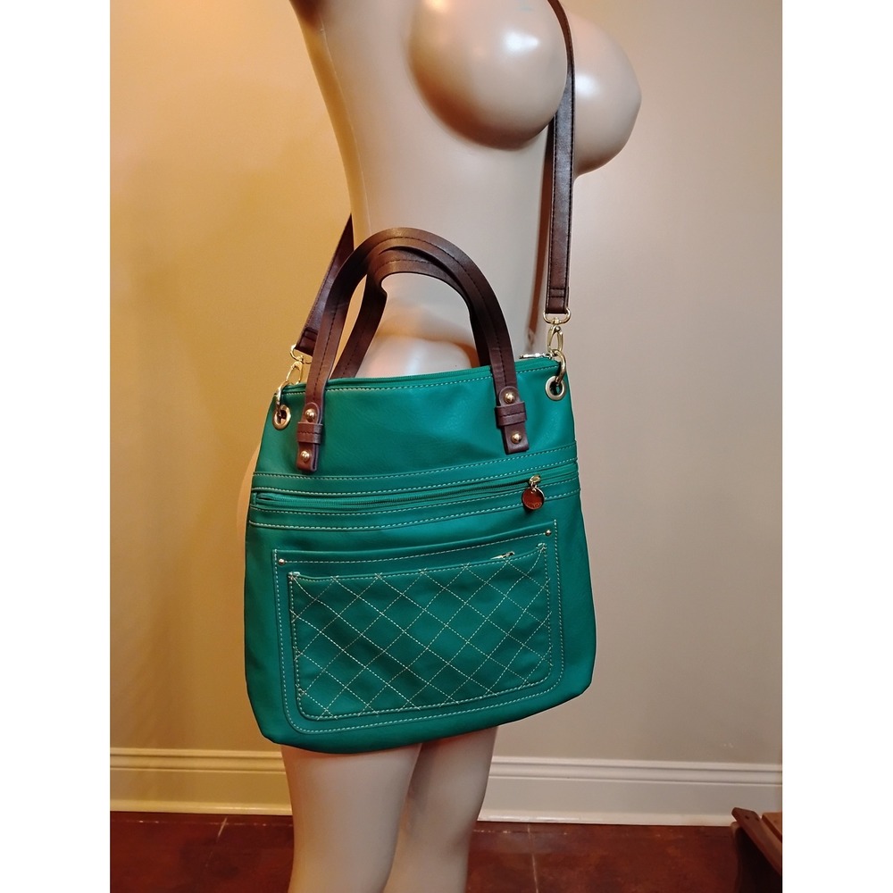 Relic by Fossil Green Quilted Crossbody Bag Brown Straps Multi Pocket Handbag